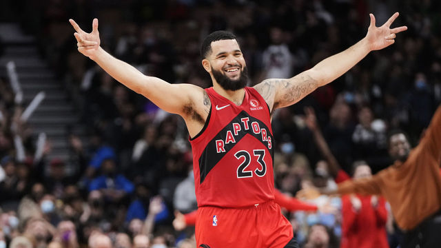 TORONTO, ON - OCTOBER 27: Fred VanVleet #23 of the Toronto Raptors celebrates against the Indiana Pacers during the second half of the basketball game at Scotiabank Arena on October 27, 2021 in Toronto, Canada. User expressly acknowledges and agrees that, by downloading and/or using this Photograph, user is consenting to the terms and conditions of the Getty Images License Agreement.