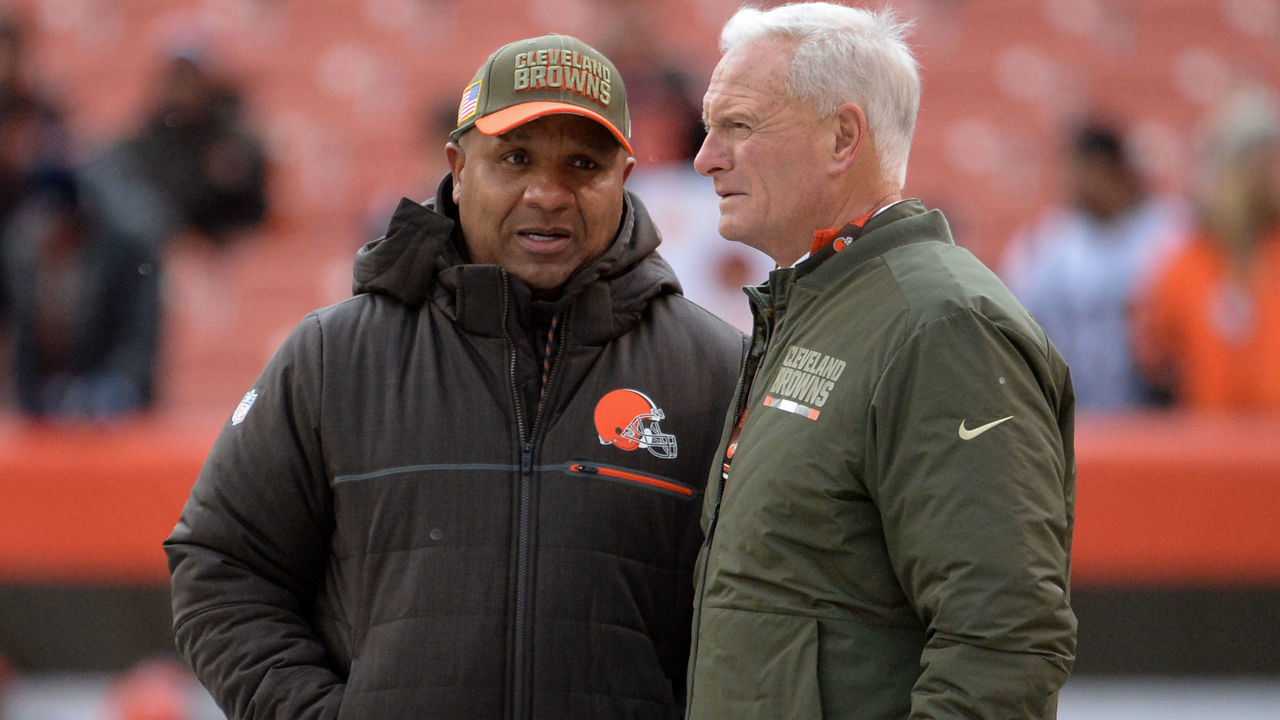 CLEVELAND, OH - NOVEMBER 19, 2017: Head coach Hue Jackson (L) and owner Jimmy Haslam (R) of the Cleveland Browns converse on the sideline prior to a game on November 19, 2017 against the Jacksonville Jaguars at FirstEnergy Stadium in Cleveland, Ohio. Jacksonville won 19-7. (Photo by: 2017 Nick Cammett/Diamond Images/Getty Images)