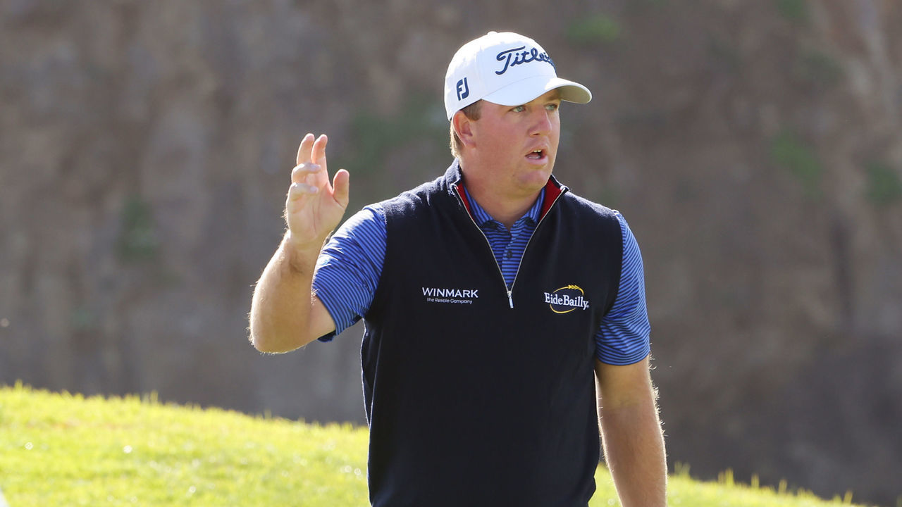 PEBBLE BEACH, CALIFORNIA - FEBRUARY 03: Tom Hoge of the United States reacts to his birdie on the eighth green during the first round of the AT&T Pebble Beach Pro-Am at Pebble Beach Golf Links on February 03, 2022 in Pebble Beach, California.
