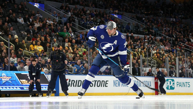 ST LOUIS, MISSOURI - JANUARY 24: Victor Hedman #77 of the Tampa Bay Lightning competes in the Enterprise NHL Hardest Shot event as part of the 2020 NHL All-Star Skills competition at Enterprise Center on January 24, 2020 in St Louis, Missouri.