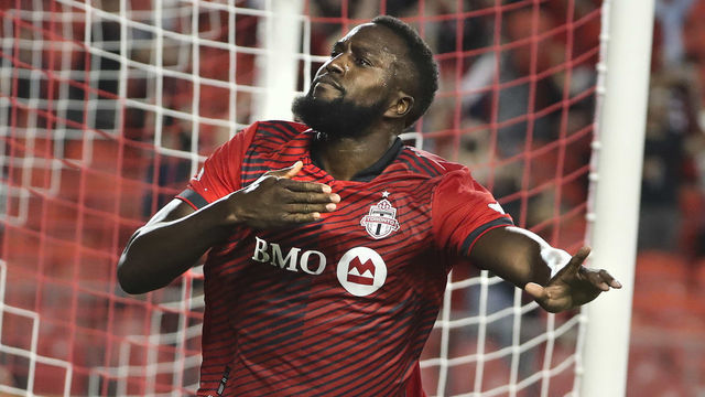 TORONTO, ON - July 17 In second half action, after barely touching the ball, Toronto FC forward Jozy Altidore (17) celebrates his header goal. Toronto FC tied Orlando City 1-1 at BMO Field in their first home game with spectators since March 2020 in Toronto for the Reds. 7000 fans, primarily health care workers, were allowed into the stadium in MLS action. July 17 2021 (Richard Lautens/Toronto Star via Getty Images)