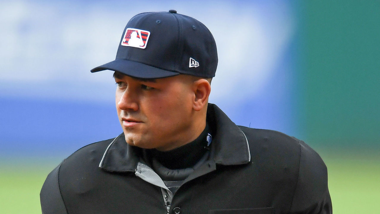 CLEVELAND, OH - JULY 03, 2021: Home plate umpire Roberto Ortiz looks prior to a game between the Houston Astros and Cleveland Indians at Progressive Field on July 03, 2021 in Cleveland, Ohio.
