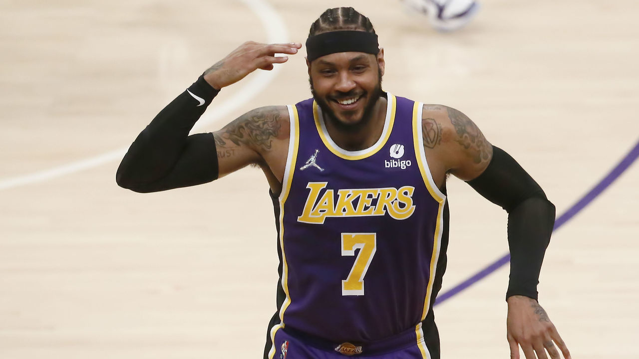 LOS ANGELES, CA - FEBRUARY 2: Carmelo Anthony #7 of the Los Angeles Lakers celebrates during a game at the Crypto.com Arena on February 2, 2022 in Los Angeles, California. Mandatory Credit: 2022 NBAE
