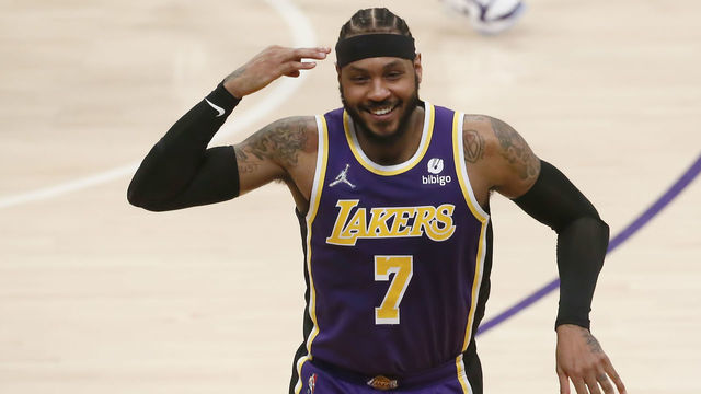 LOS ANGELES, CA - FEBRUARY 2: Carmelo Anthony #7 of the Los Angeles Lakers celebrates during a game at the Crypto.com Arena on February 2, 2022 in Los Angeles, California. Mandatory Credit: 2022 NBAE