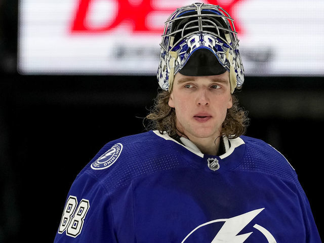 TAMPA, FL - FEBRUARY 01: Tampa Bay Lightning goaltender Andrei Vasilevskiy (88) during the NHL Hockey match between the Tampa Bay Lightning and San Jose Sharks on February 1, 2022 at Amalie Arena in Tampa, FL.