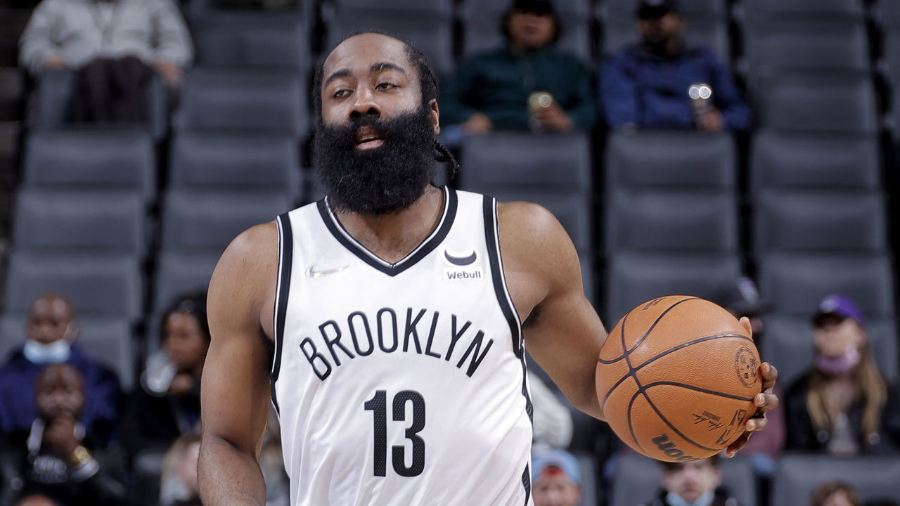 SACRAMENTO, CA - FEBRUARY 2: James Harden #13 of the Brooklyn Nets dribbles the ball during the game against the Sacramento Kings on February 2, 2022 at Golden 1 Center in Sacramento, California. Mandatory Copyright Notice: Copyright 2021 NBAE