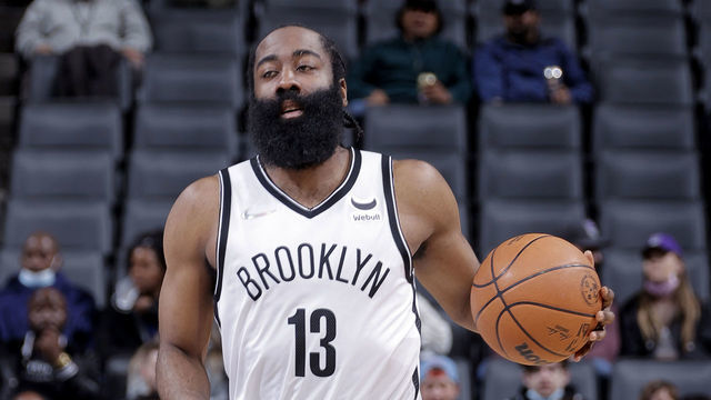 SACRAMENTO, CA - FEBRUARY 2: James Harden #13 of the Brooklyn Nets dribbles the ball during the game against the Sacramento Kings on February 2, 2022 at Golden 1 Center in Sacramento, California. Mandatory Copyright Notice: Copyright 2021 NBAE