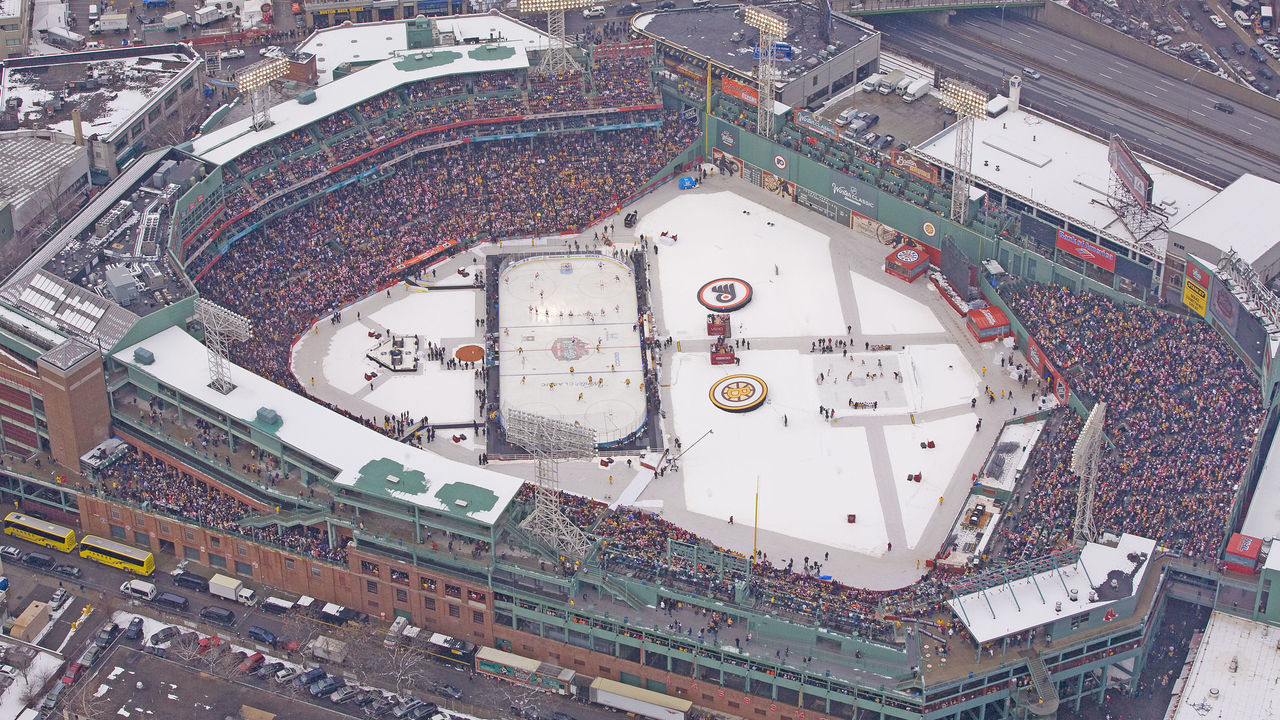 BOSTON - JANUARY 01: An aerial view of Fenway Park during the game between the Philadelphia Flyers and the Boston Bruins during the 2010 Bridgestone Winter Classic at Fenway Park on January 1, 2010 in Boston, Massachusetts. The Bruins defeated the Flyers 2-1 in overtime.