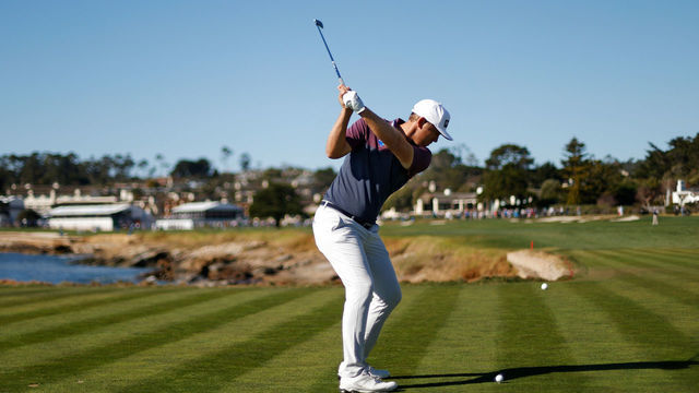 PEBBLE BEACH, CALIFORNIA - FEBRUARY 04: Seamus Power of Ireland plays his shot from the 18th tee during the second round of the AT&T Pebble Beach Pro-Am at Pebble Beach Golf Links on February 04, 2022 in Pebble Beach, California.