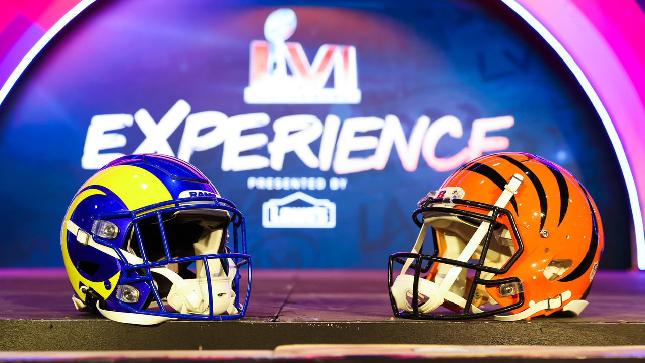 LOS ANGELES, CALIFORNIA - FEBRUARY 04: Helmets from the Los Angeles Rams and the Cincinnati Bengals are seen during a press preview of the Super Bowl Experience Presented by Lowe’s at Los Angeles Convention Center on February 04, 2022 in Los Angeles, California.