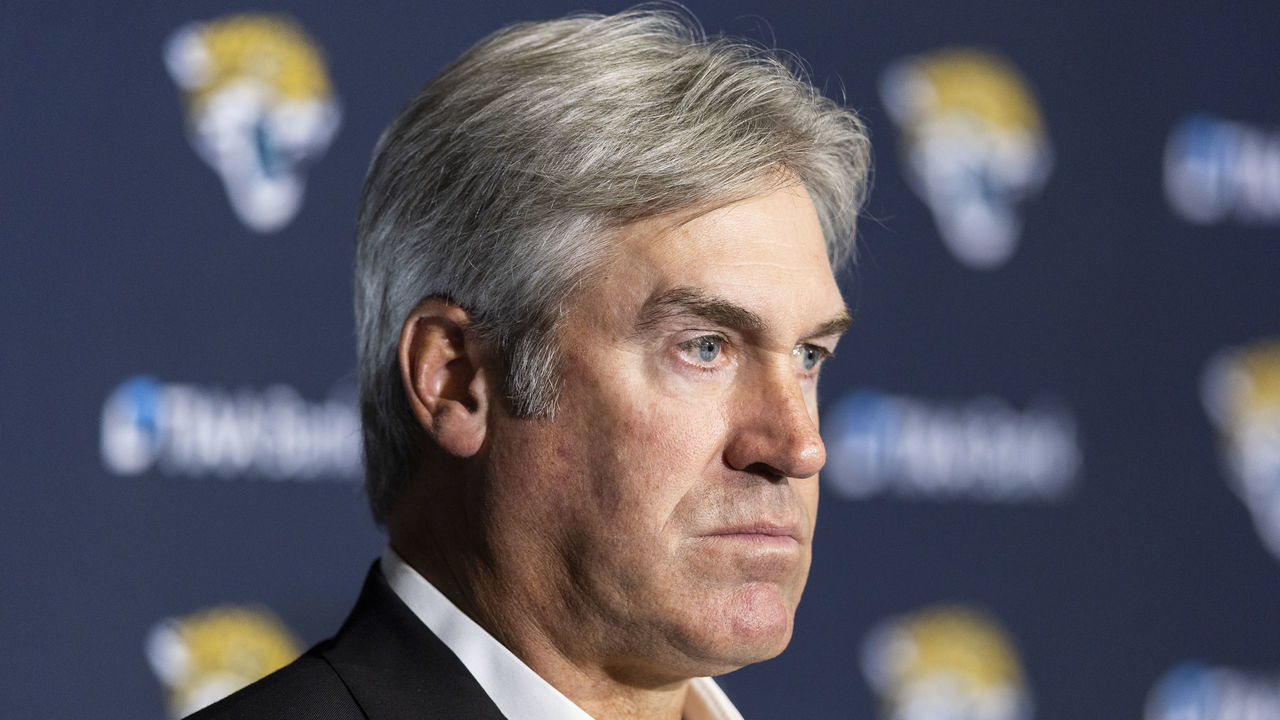 JACKSONVILLE, FLORIDA - FEBRUARY 05: Doug Pederson looks on during a press conference introducing him as the new head coach of the Jacksonville Jaguars at TIAA Bank Stadium on February 05, 2022 in Jacksonville, Florida.