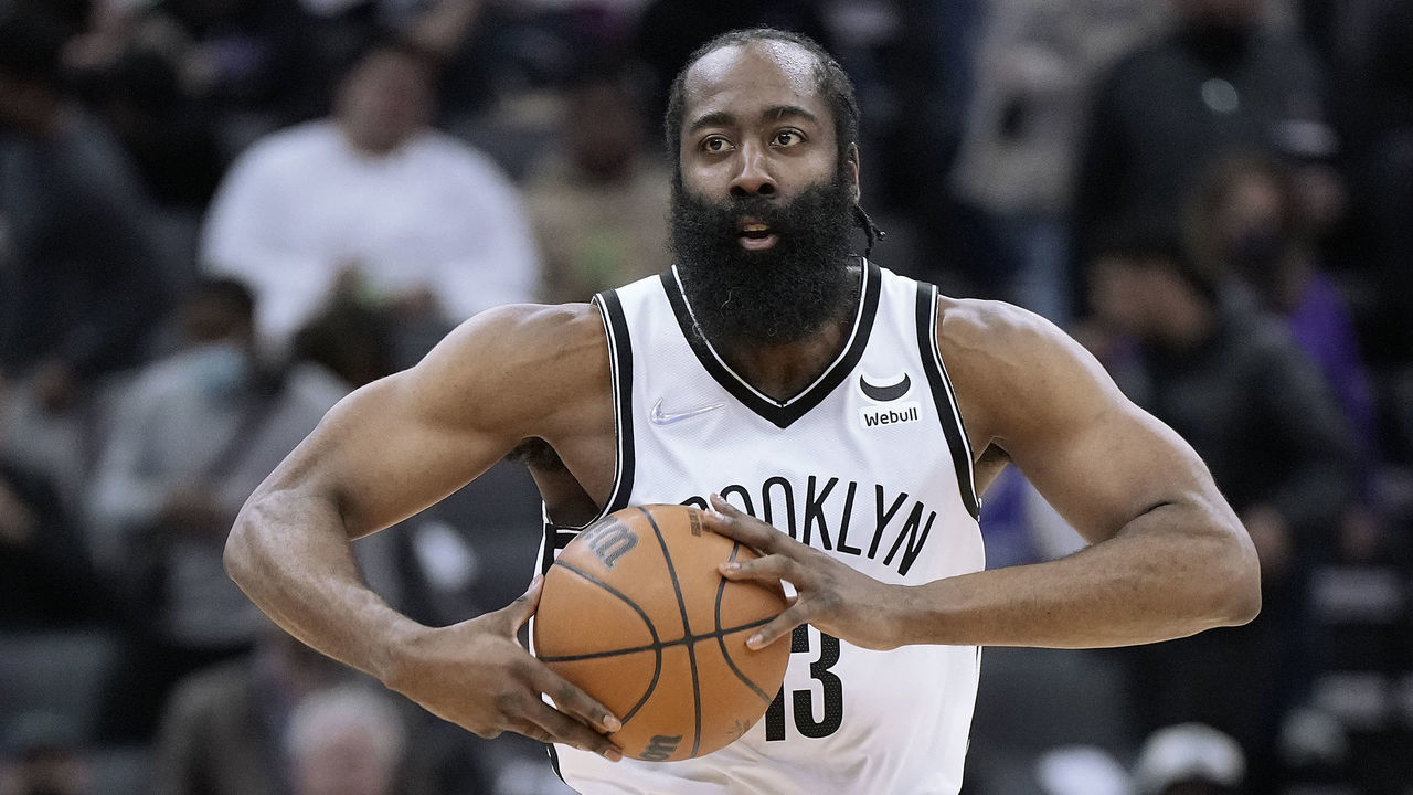 SACRAMENTO, CALIFORNIA - FEBRUARY 02: James Harden #13 of the Brooklyn Nets looks to pass the ball against the Sacramento Kings during the second half of their game at Golden 1 Center on February 02, 2022 in Sacramento, California.