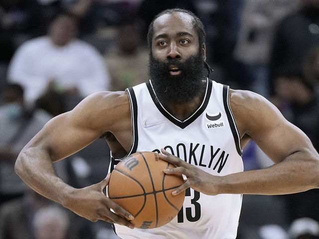 SACRAMENTO, CALIFORNIA - FEBRUARY 02: James Harden #13 of the Brooklyn Nets looks to pass the ball against the Sacramento Kings during the second half of their game at Golden 1 Center on February 02, 2022 in Sacramento, California.