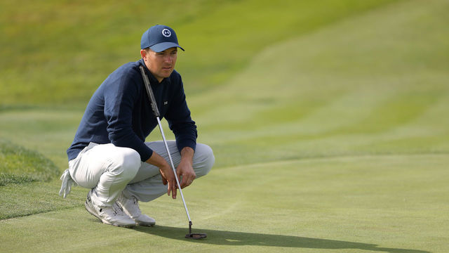 PEBBLE BEACH, CALIFORNIA - FEBRUARY 05: Jordan Spieth of the United States lines up a putt on the eighth green during the third round of the AT&T Pebble Beach Pro-Am at Pebble Beach Golf Links on February 05, 2022 in Pebble Beach, California.