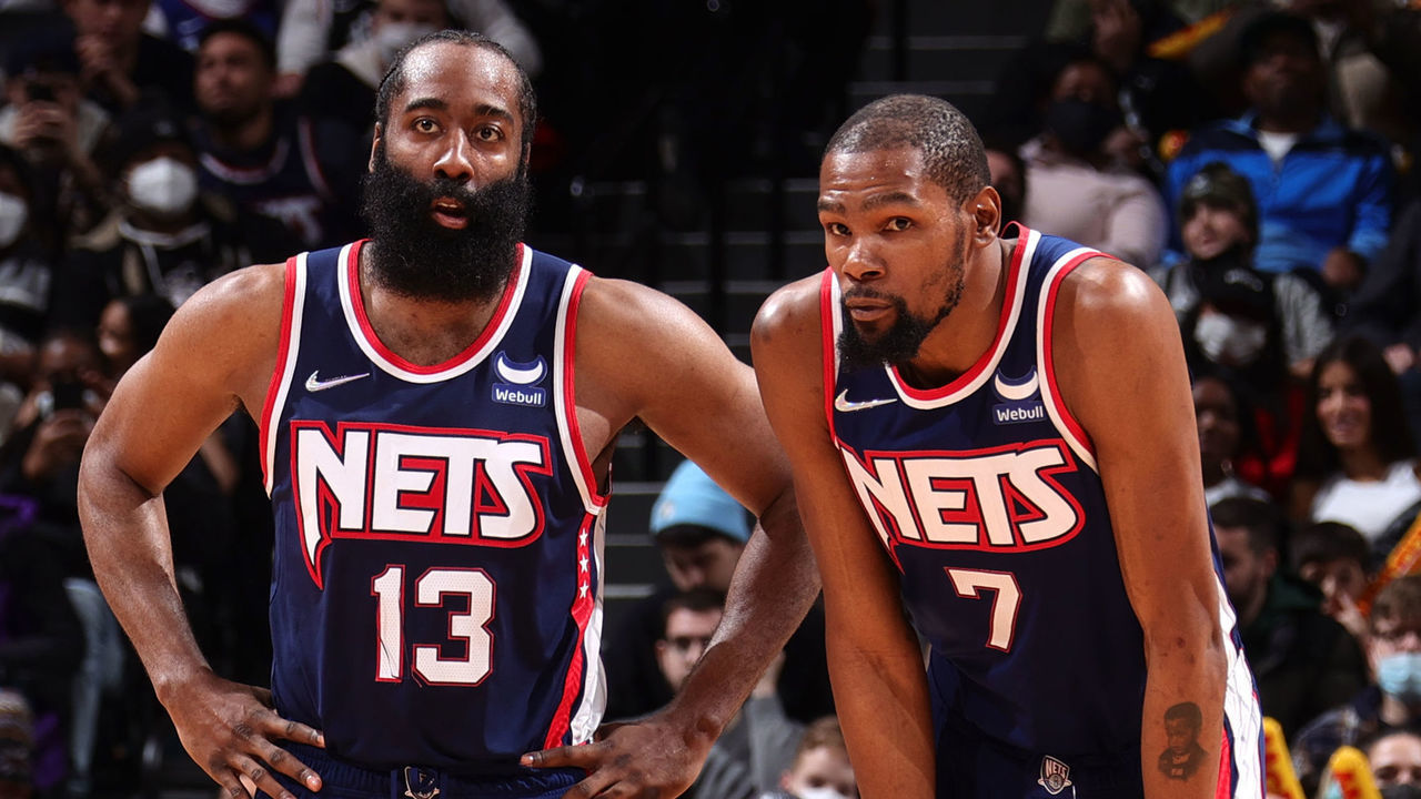 BROOKLYN, NY - JANUARY 1: James Harden #13 and Kevin Durant #7 of the Brooklyn Nets look on during the game against the LA Clippers on January 1, 2022 at Barclays Center in Brooklyn, New York. Mandatory Copyright Notice: Copyright 2021 NBAE