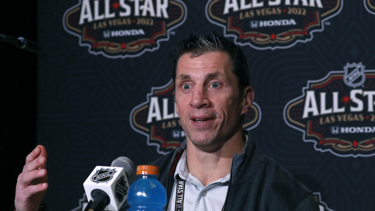 LAS VEGAS, NEVADA - FEBRUARY 04: Head coach Rod Brind'Amour of the Carolina Hurricanes speaks during the Media Day as part of the 2022 NHL All-Star Weekend on February 04, 2022 in Las Vegas, Nevada.
