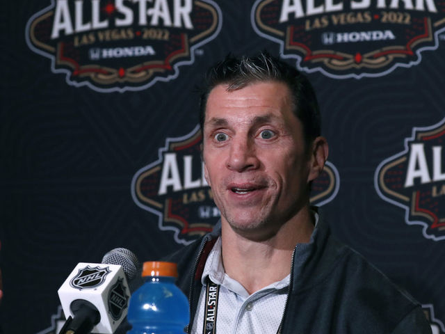 LAS VEGAS, NEVADA - FEBRUARY 04: Head coach Rod Brind'Amour of the Carolina Hurricanes speaks during the Media Day as part of the 2022 NHL All-Star Weekend on February 04, 2022 in Las Vegas, Nevada.