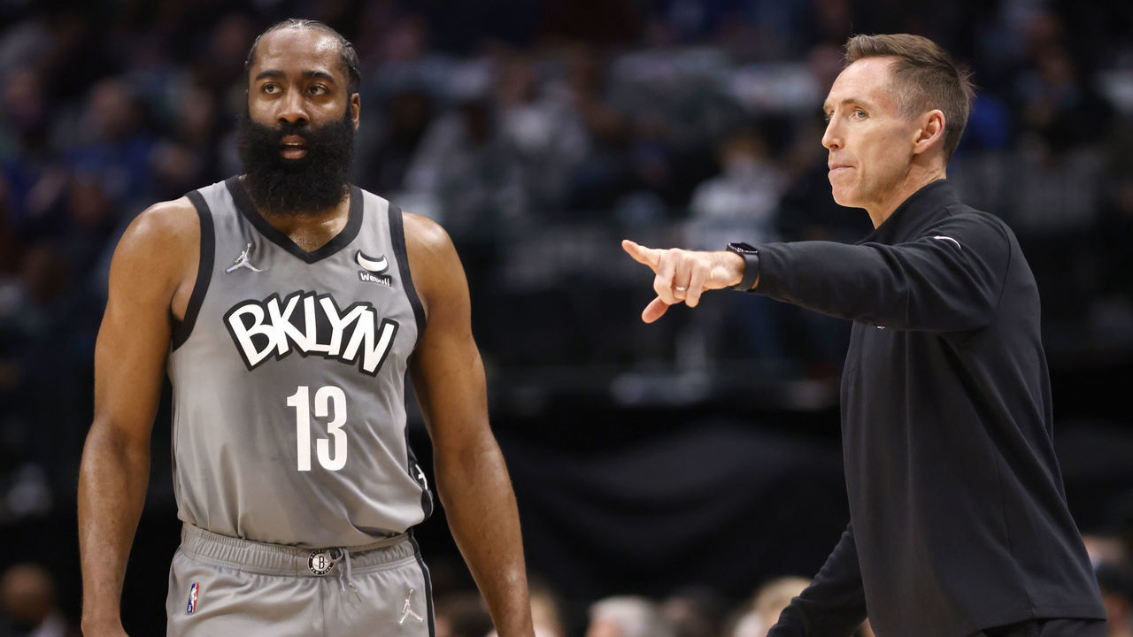 DALLAS, TX - DECEMBER 7: James Harden #13 and head coach Steve Nash of the Brooklyn Nets talk as the Nets play the Dallas Mavericks in the first half at American Airlines Center on December 7, 2021 in Dallas, Texas.