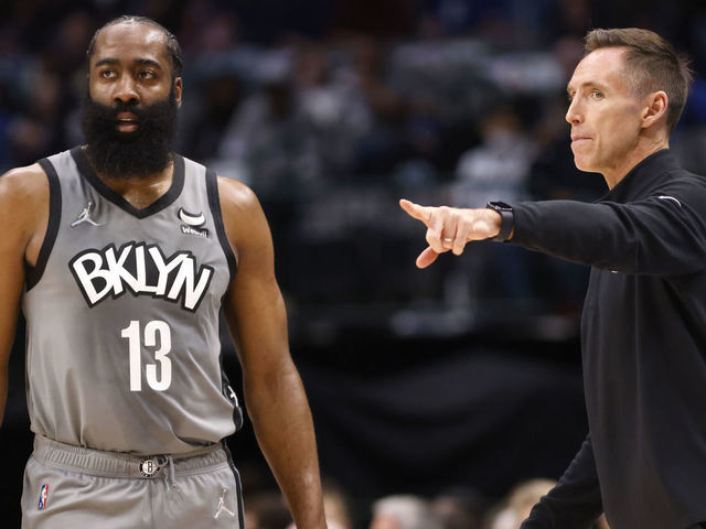 DALLAS, TX - DECEMBER 7: James Harden #13 and head coach Steve Nash of the Brooklyn Nets talk as the Nets play the Dallas Mavericks in the first half at American Airlines Center on December 7, 2021 in Dallas, Texas.