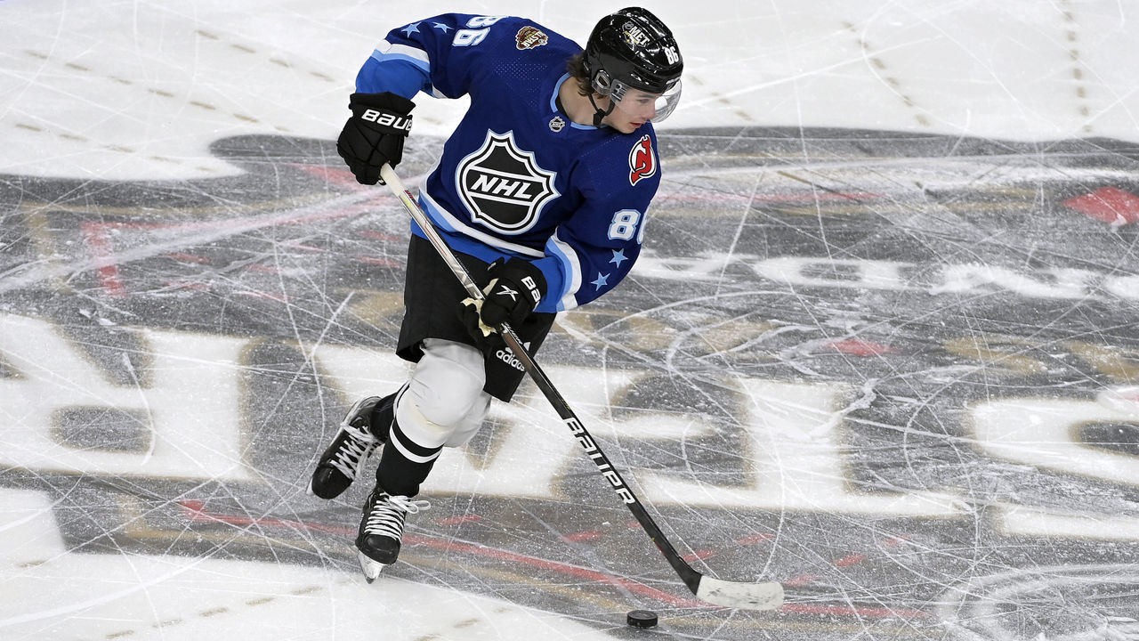 LAS VEGAS, NEVADA - FEBRUARY 05: Jack Hughes #86 of the New Jersey Devils skates with the puck during the game between the Metropolitan division and the Central division during the 2022 Honda NHL All-Star Game at T-Mobile Arena on February 05, 2022 in Las Vegas, Nevada.
