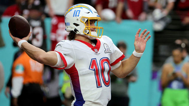 LAS VEGAS, NEVADA - FEBRUARY 06: Justin Herbert #10 of the Los Angeles Chargers warms up before the 2022 NFL Pro Bowl at Allegiant Stadium on February 06, 2022 in Las Vegas, Nevada.