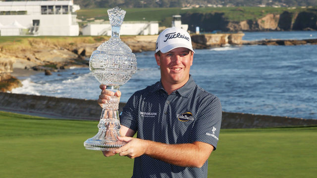 PEBBLE BEACH, CALIFORNIA - FEBRUARY 06: Tom Hoge of the United States celebrates with the trophy after winning during the final round of the AT&T Pebble Beach Pro-Am at Pebble Beach Golf Links on February 06, 2022 in Pebble Beach, California.