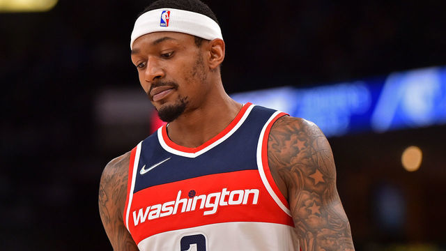 MEMPHIS, TENNESSEE - JANUARY 29: Bradley Beal #3 of the Washington Wizards reacts during the first half against the Memphis Grizzlies at FedExForum on January 29, 2022 in Memphis, Tennessee.