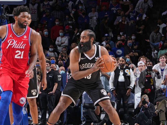 PHILADELPHIA, PA - OCTOBER 22: James Harden #13 of the Brooklyn Nets handles the ball against Joel Embiid #21 of the Philadelphia 76ers on October 22, 2021 at Wells Fargo Center in Philadelphia, Pennsylvania. NOTE TO USER: User expressly acknowledges and agrees that, by downloading and/or using this Photograph, user is consenting to the terms and conditions of the Getty Images License Agreement. Mandatory Copyright Notice: Copyright 2021 NBAE