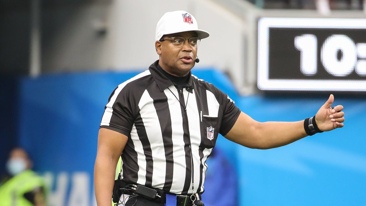 INGLEWOOD, CA - OCTOBER 31: NFL Referee Ronald Torbert signals ready for play during an NFL game between the New England Patriots and the Los Angeles Chargers on October 31, 2021, at SoFi Stadium in Inglewood, CA.