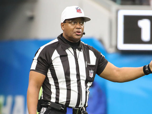INGLEWOOD, CA - OCTOBER 31: NFL Referee Ronald Torbert signals ready for play during an NFL game between the New England Patriots and the Los Angeles Chargers on October 31, 2021, at SoFi Stadium in Inglewood, CA.