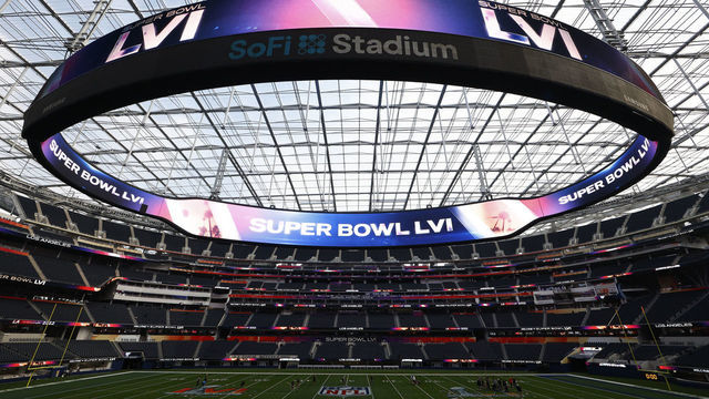 INGLEWOOD, CALIFORNIA - FEBRUARY 01: A view of SoFi Stadium as workers prepare for Super Bowl LVI on February 01, 2022 in Inglewood, California.