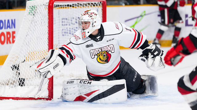 OTTAWA, ON - JANUARY 12: Owen Sound Attack Goalie Mack Guzda (1) after directing the puck to the corner during Ontario Hockey League action between the Owen Sound Attack and Ottawa 67's on January 12, 2020, at TD Place Arena in Ottawa, ON, Canada.