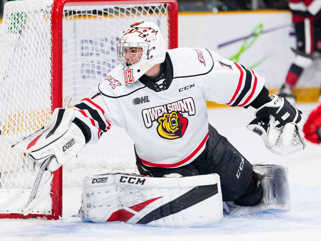 OTTAWA, ON - JANUARY 12: Owen Sound Attack Goalie Mack Guzda (1) after directing the puck to the corner during Ontario Hockey League action between the Owen Sound Attack and Ottawa 67's on January 12, 2020, at TD Place Arena in Ottawa, ON, Canada.
