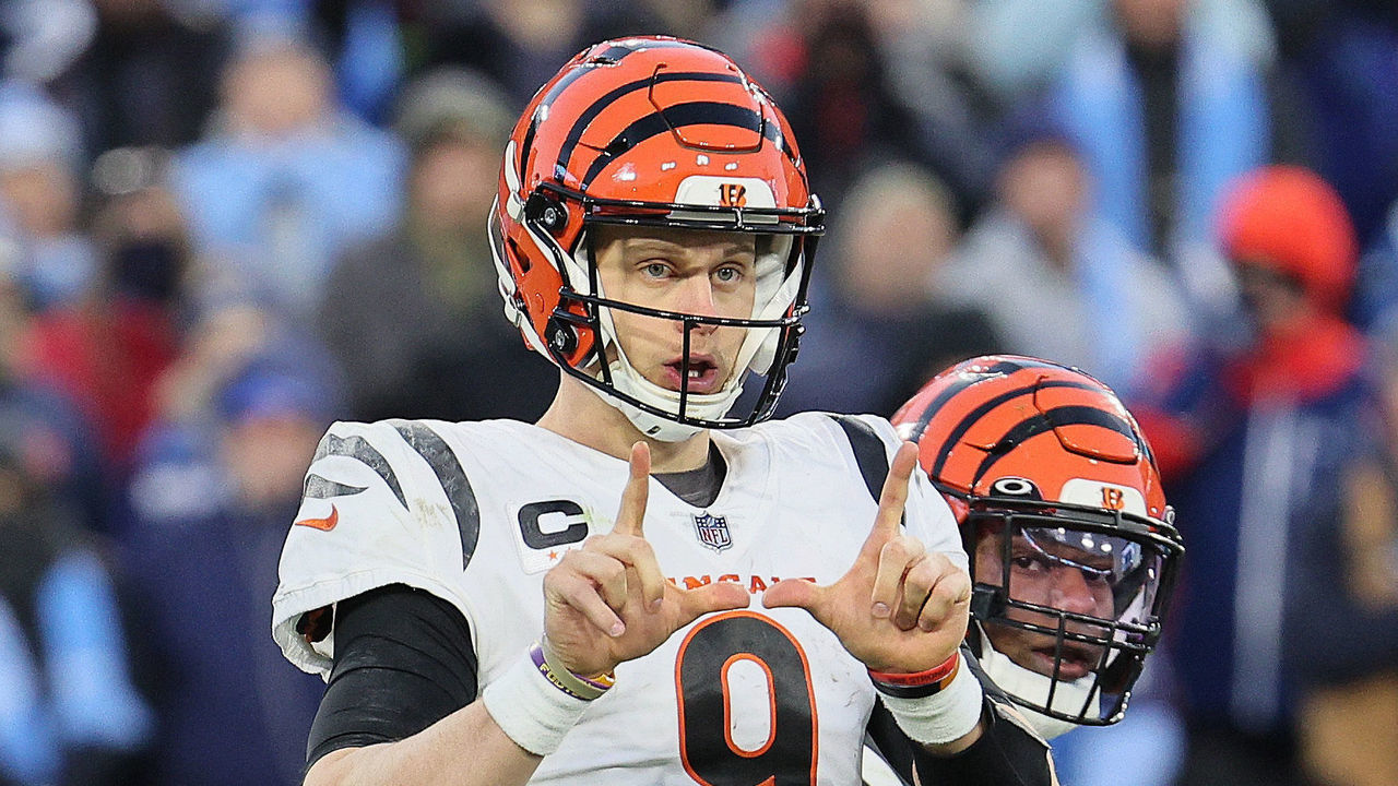NASHVILLE, TENNESSEE - JANUARY 22: Joe Burrow #9 of the Cincinnati Bengals against the Tennessee Titans during the AFC Divisional Playoff at Nissan Stadium on January 22, 2022 in Nashville, Tennessee.