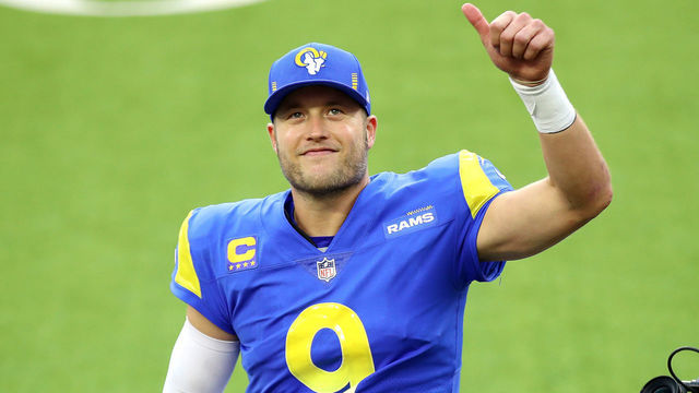 INGLEWOOD, CALIFORNIA - OCTOBER 24: Matthew Stafford #9 of the Los Angeles Rams gives a thumbs up after the game against the Detroit Lions at SoFi Stadium on October 24, 2021 in Inglewood, California.