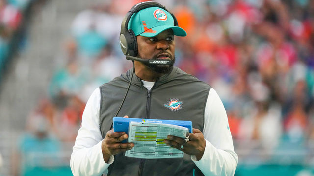 MIAMI GARDENS, FLORIDA - JANUARY 09: Head Coach Brian Flores of the Miami Dolphins in action against the New England Patriots during the first half at Hard Rock Stadium on January 09, 2022 in Miami Gardens, Florida.
