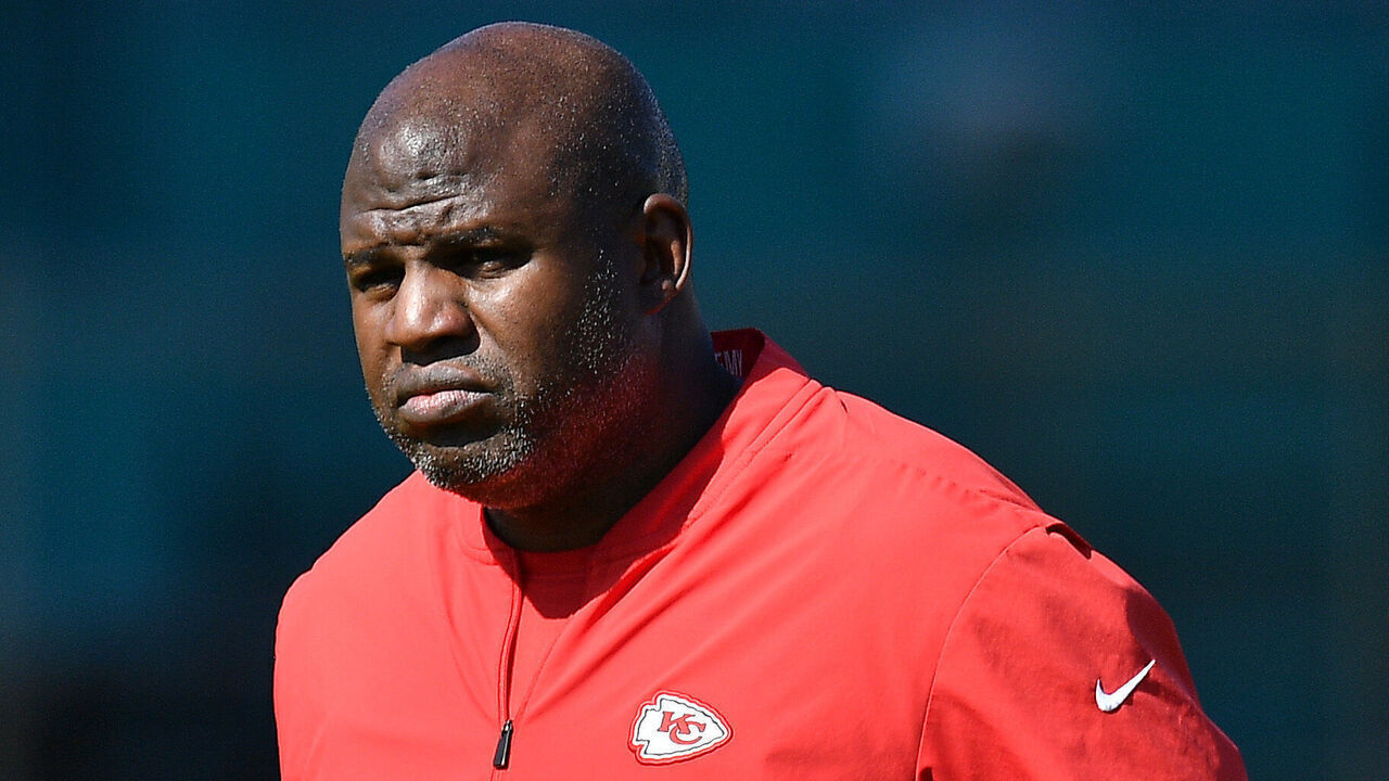 DAVIE, FLORIDA - JANUARY 29: Offensive Coordinatore Eric Bieniemy looks on during the Kansas City Chiefs practice prior to Super Bowl LIV at Baptist Health Training Facility at Nova Southern University on January 29, 2020 in Davie, Florida.