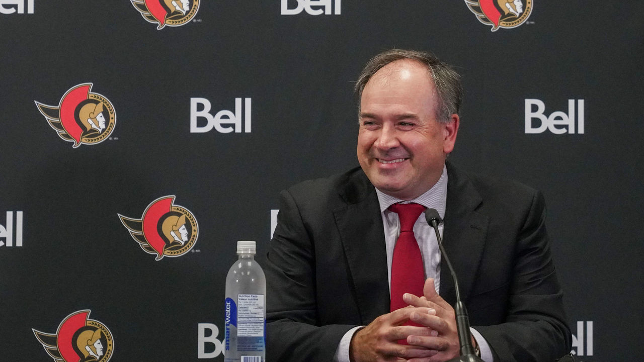 OTTAWA, ON - OCTOBER 14: Pierre Dorion, general manager of the Ottawa Senators, speaks to media after signing Brady Tkachuk to a long term contract prior to the season opener against the Toronto Maple Leafs at Canadian Tire Centre on October 14, 2021 in Ottawa, Ontario, Canada.