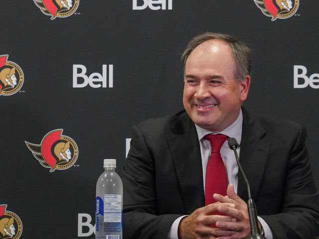 OTTAWA, ON - OCTOBER 14: Pierre Dorion, general manager of the Ottawa Senators, speaks to media after signing Brady Tkachuk to a long term contract prior to the season opener against the Toronto Maple Leafs at Canadian Tire Centre on October 14, 2021 in Ottawa, Ontario, Canada.