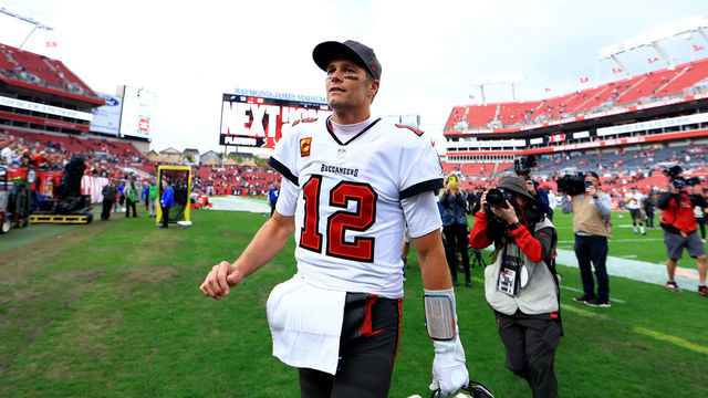 TAMPA, FLORIDA - JANUARY 16: Tom Brady #12 of the Tampa Bay Buccaneers celebrates after defeating the Philadelphia Eagles in the NFC Wild Card Playoff game at Raymond James Stadium on January 16, 2022 in Tampa, Florida.