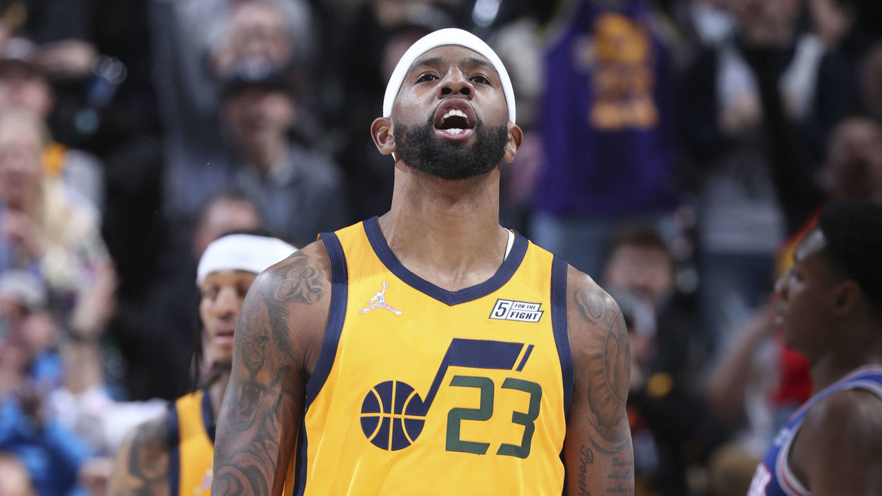 SALT LAKE CITY, UT - FEBRUARY 7: Royce O'Neale #23 of the Utah Jazz reacts to a play during the game against the New York Knicks on February 7, 2022 at vivint.SmartHome Arena in Salt Lake City, Utah. Mandatory Copyright Notice: Copyright 2022 NBAE