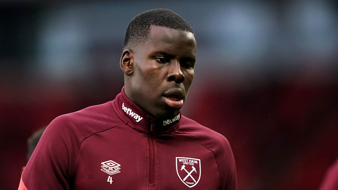 West Ham United's Kurt Zouma warms up prior during the Premier League match at Old Trafford, Manchester. Picture date: Saturday January 22, 2022.