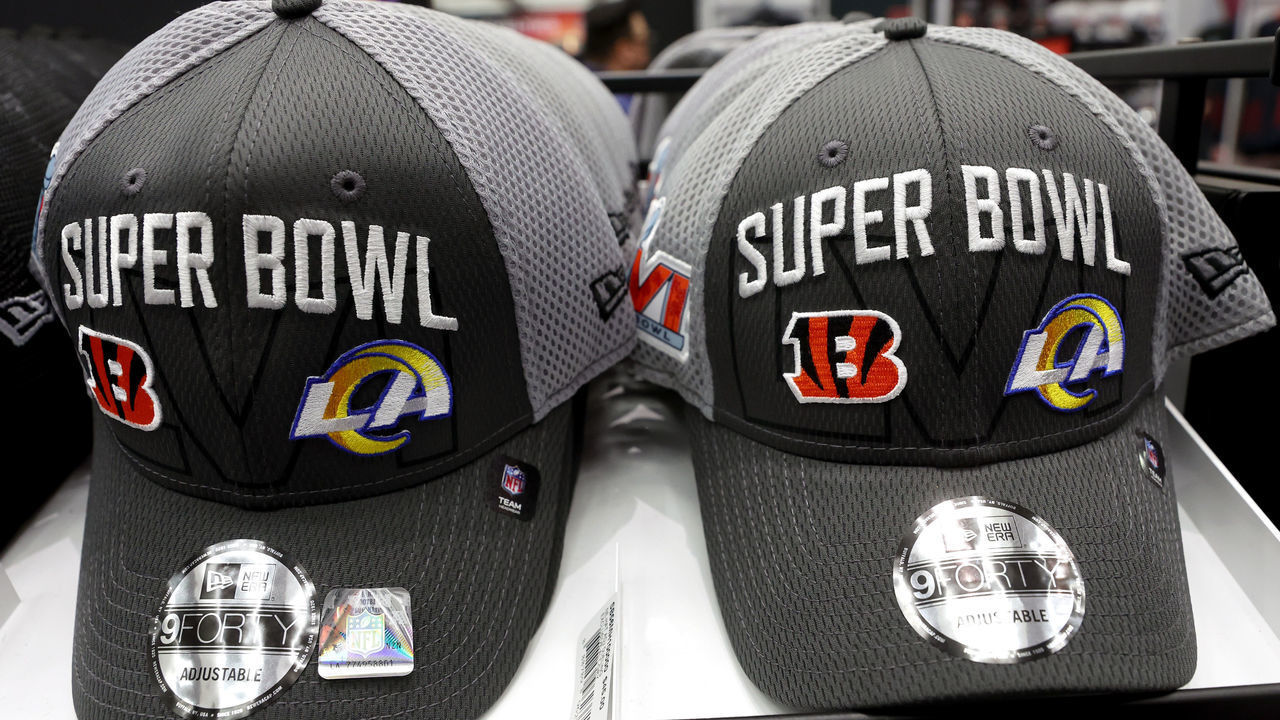 LOS ANGELES, CALIFORNIA - FEBRUARY 07: Super Bowl LVI hats are displayed for sale in the NFL Shop at the Los Angeles Convention Center on February 7, 2022 in Los Angeles, California. Super Bowl LVI will be played on February 13 at SoFi Stadium in Inglewood, California, where the hometown Los Angeles Rams will face the Cincinnati Bengals.