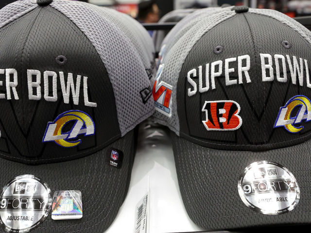 LOS ANGELES, CALIFORNIA - FEBRUARY 07: Super Bowl LVI hats are displayed for sale in the NFL Shop at the Los Angeles Convention Center on February 7, 2022 in Los Angeles, California. Super Bowl LVI will be played on February 13 at SoFi Stadium in Inglewood, California, where the hometown Los Angeles Rams will face the Cincinnati Bengals.