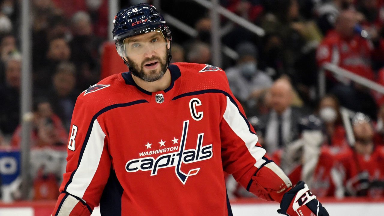 WASHINGTON, DC - JANUARY 24: Capitals left wing Alexander Alex Ovechkin (8) waits for a face-off during the Vegas Golden Knights versus Washington Capitals National Hockey League game on January 24, 2022 at Capital One Arena in Washington, D.C..