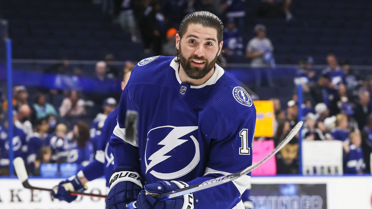 TAMPA, FL - FEBRUARY 1: Pat Maroon #14 of the Tampa Bay Lightning skates against the San Jose Sharks during the pregame warm ups at Amalie Arena on February 1, 2022 in Tampa, Florida.