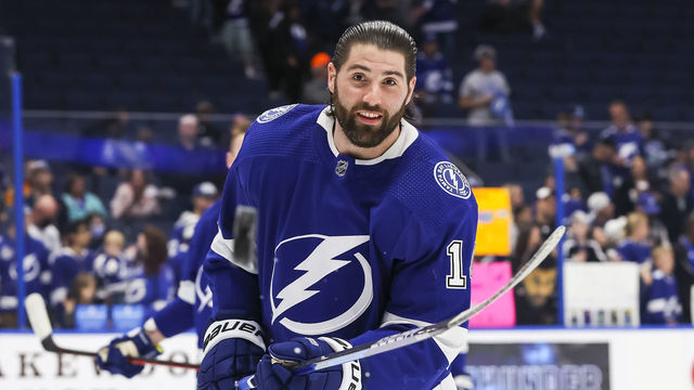 TAMPA, FL - FEBRUARY 1: Pat Maroon #14 of the Tampa Bay Lightning skates against the San Jose Sharks during the pregame warm ups at Amalie Arena on February 1, 2022 in Tampa, Florida.