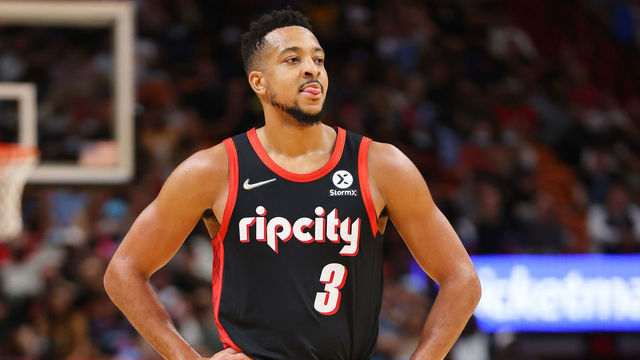 MIAMI, FLORIDA - JANUARY 19: CJ McCollum #3 of the Portland Trail Blazers reacts against the Miami Heat during the second half at FTX Arena on January 19, 2022 in Miami, Florida.