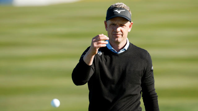 PEBBLE BEACH, CALIFORNIA - FEBRUARY 02: Luke Donald of England tosses a ball during a practice round prior to the AT&T Pebble Beach Pro-Am at Pebble Beach Golf Links on February 02, 2022 in Pebble Beach, California.