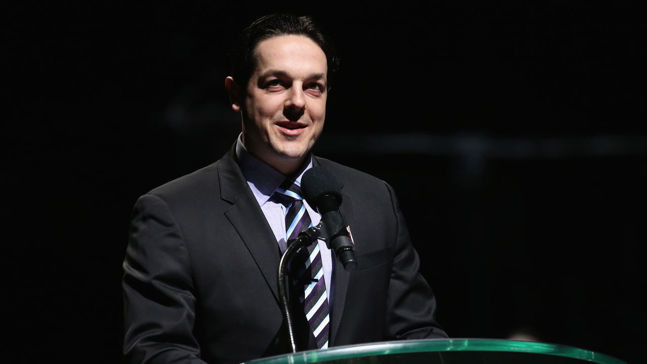 GLENDALE, ARIZONA - FEBRUARY 24: Former teammate Daniel Briere speaks during a pregame ceremony to honor Shane Doan and retire his jersey at Gila River Arena on February 24, 2019 in Glendale, Arizona.